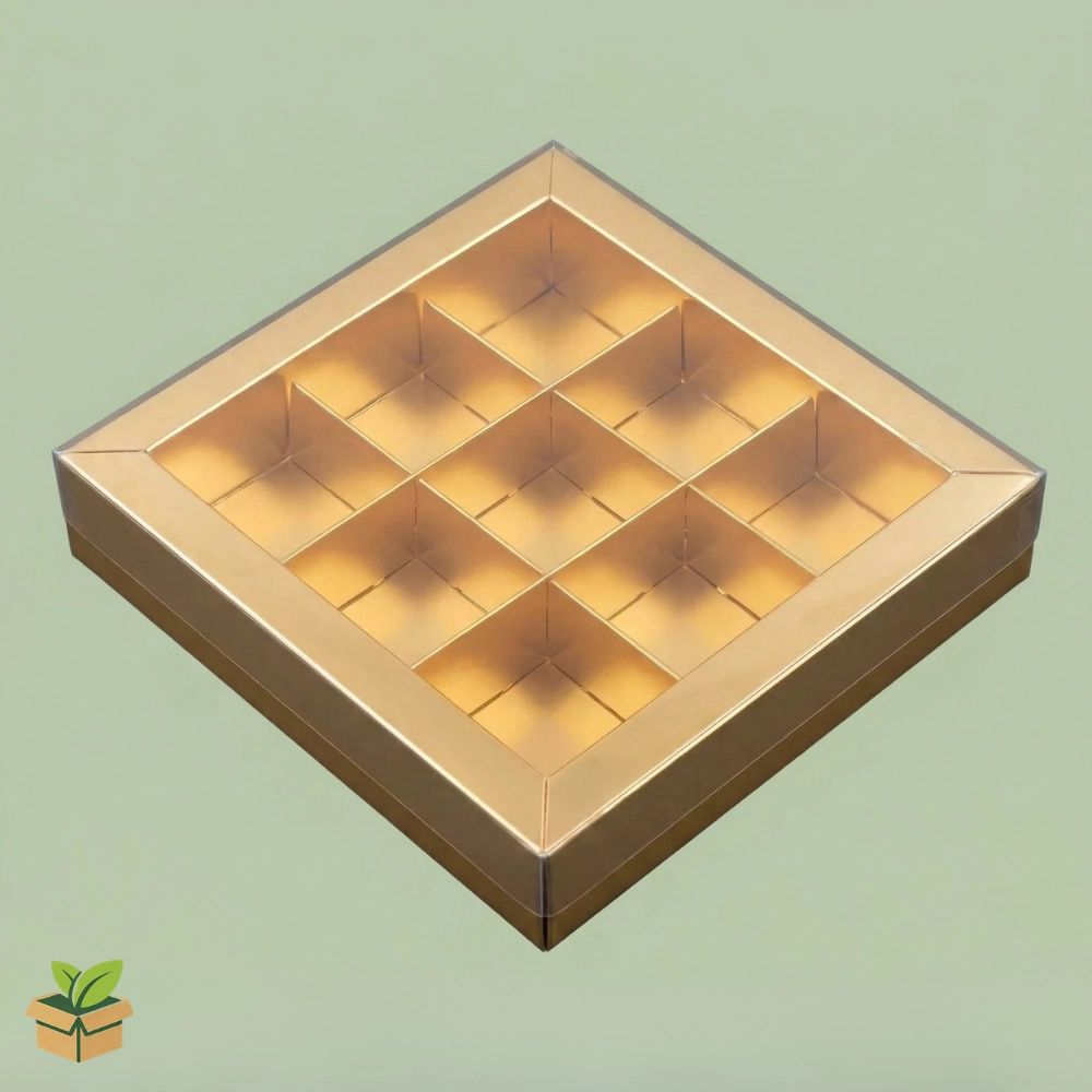 9 Cavity Gold Chocolate Box with Transparent Lid - Premium Gift Packaging