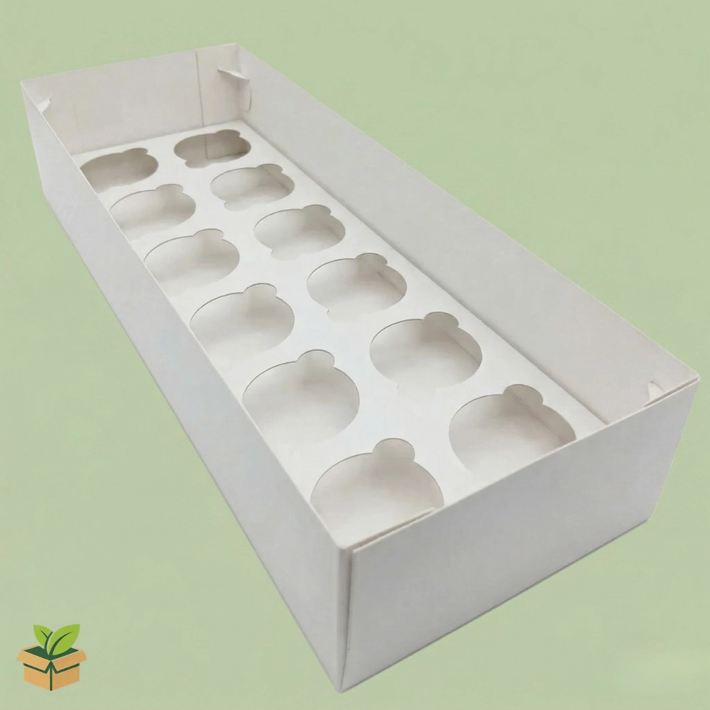 Long White Cupcake Box with 12 Cavity Insert - Professional Bakery Packaging