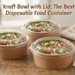Kraft bowl with lid filled with fresh salad – eco-friendly disposable food container