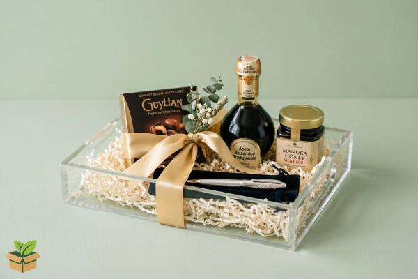 Acrylic Gift Tray with Premium Chocolates, Honey & Balsamic Vinegar – Luxury Gift Packaging