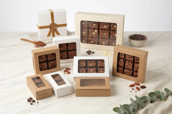 Premium Brownie Box Packaging – Kraft & White Window Boxes Display