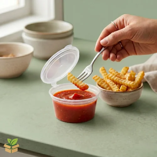 Disposable Dip Sauce Container with Attached Lid — Clear Plastic
