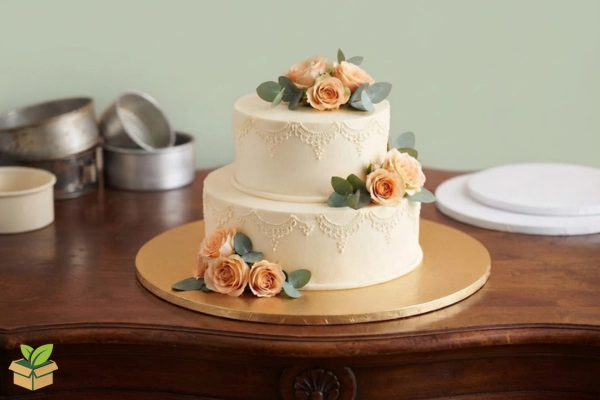 Two Tier White Fondant Cake on Gold Cake Board with Rose Decoration